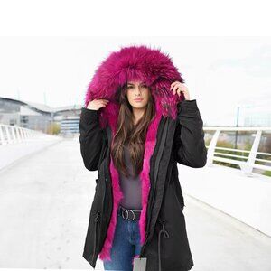 NEW ROSE BRIGHT PINK FOX FUR BLACK WINTER COAT PARKA SIZE S SMALL 0/2